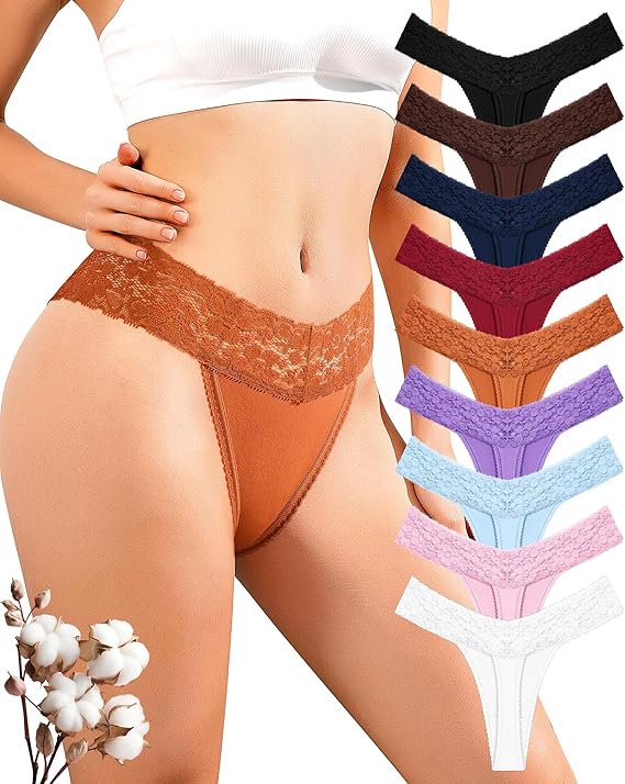 Cotton Thongs for Women Sexy Seamless Underwear T Back Thong Comfort Ladies Lace Panties Breathable Low Waist 9 Pack