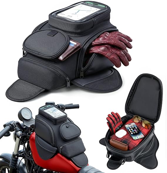 Nomad Motorcycle Tank Bag 4L Heavy Duty Black Gas Tank Bag with Touchscreen Phone Window, Magnetic Universal Fuel Tank Pouch for Cruiser, Sportbike, Touring & Street Bikes