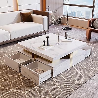 Merax White Coffee Table for Living Room, Modern Square Design with Storage Marbling