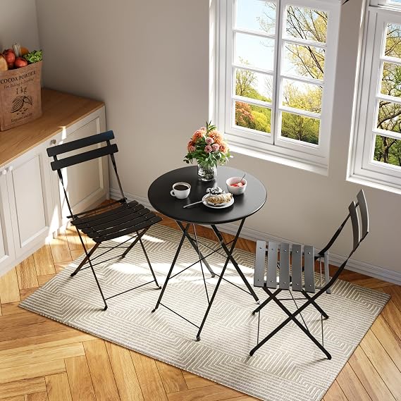 coucheta 3-Piece Patio Bistro Set Folding Bistro Table and 2 Chairs Outdoor Furniture Sets with Premium Frame Space Saving Weather Resistant for Bistro Balcony Yard Garden Porch Lawn Flat Tube Black
