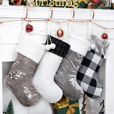 LUBOT 4 Pack Christmas Stockings Large Family Xmas Stocking Black White Gray Contrast Match Flannel Plaid Plush Sequins Hanging for Decorations Holiday