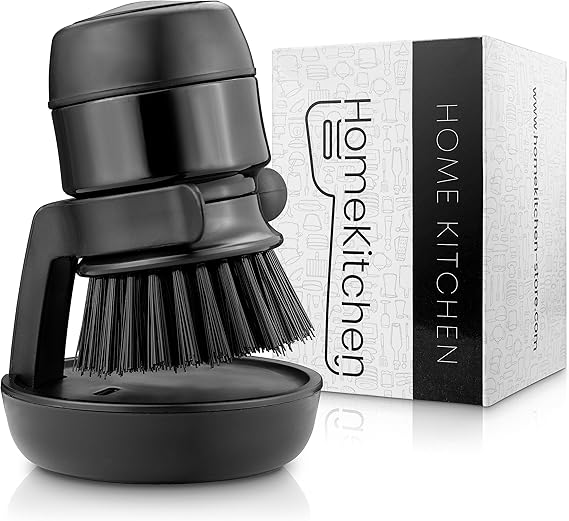 HomeKitchen® Washing Up Brush with Washing Up Liquid Dispenser and Holder, Black Refillable with Washing Up Liquid, Round Cleaning Brush for Pans, Scourer, Dish Brush