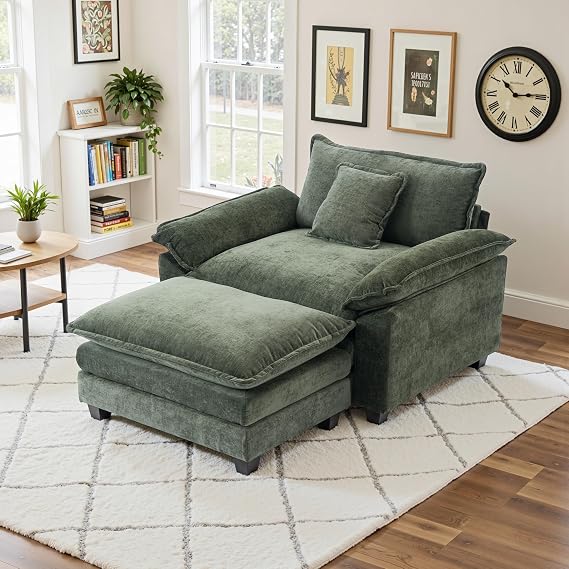Oversized Accent Chair with Ottoman,Oversize Chair Chenille Sofa with Armrests,Comfy Living Room Sofa with Deep Seat & Pillows,Oversized Reading Accent Chairs Couch Lounge for Bedroom,Green