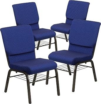 BizChair 4 Pack 18.5"W Church Chair in Navy Blue Pattern Fabric -Basket - Gold Vein Frame