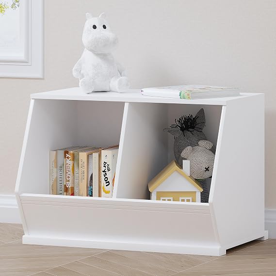 UTEX Stackable Kids Toy Storage Cabinet, Toy Organizer Bin, Cubby Toy Shelf | DIY Play Space, Slanted Front Panel, Toddler Toy Storage, Playroom, Toy Room, Living Room, Nursery, Gift, White, 2 Cubby
