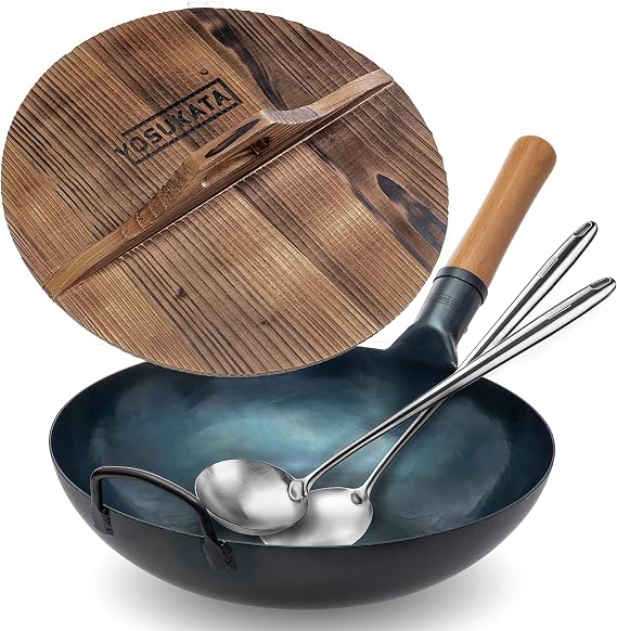 YOSUKATA 13.5 Blue Carbon Steel Wok Pan + 17 Spatula and Ladle + Premium Wok Cover 13.5 inch Pan Lid