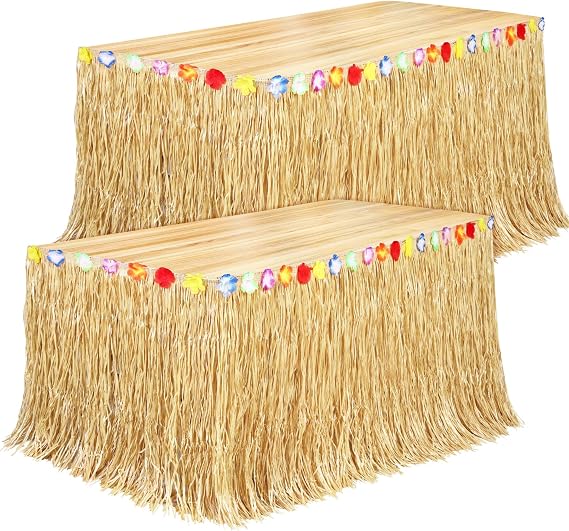 Fovths 2 Pack Luau Grass Table Skirt Natural 9 Feet x 29.5 Inch Hawaiian Table Skirt for Tropical Hawaiian Party Decorations Luau Party Costume Party, Straw Yellow