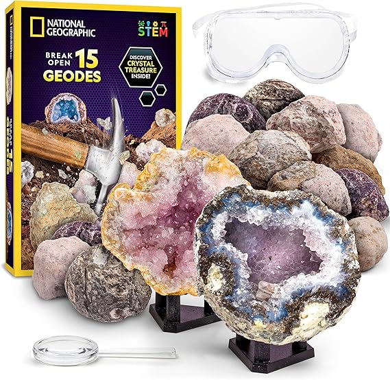 National Geographic Break Open 15 Premium Geodes Science Kit - Includes Goggles & 3 Display Stands - Great STEM Science Kit, Geology Gift for Kids, Break Your Own Geodes with Crystals