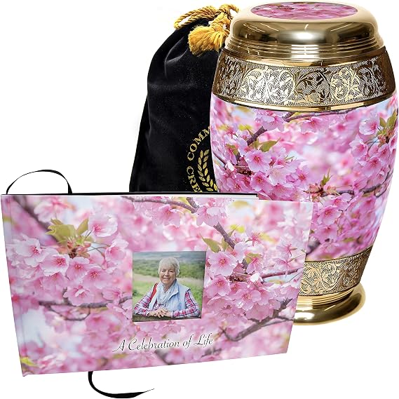 Cherry Blossom Cremation Urn for Adult Ashes with Matching Funeral Guest Book