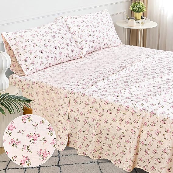 Sleepdown Queen Cotton Percale Bed Linen Set, 4Pcs, 100% Long Staple, Ultra Soft, Deep Pocket, Breathable, Floral Print, Includes Fitted & Flat Sheets, 2 Pillowcases