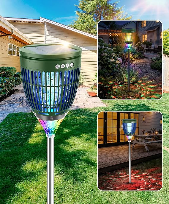 Solar Bug Zapper Outdoor, Mosquito Zapper with IPX5 Waterproof Flame Light | 10 Lighting Effects with Starry and Breathing Modes, Adjustable-Height Ground Stake for Garden, Patio, Yard & Outdoor Pathway