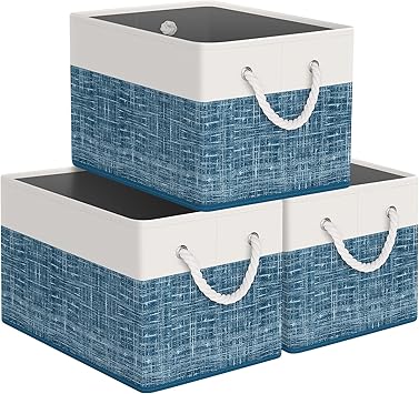 StorageTastic Storage Bin,Collapsible Storage Basket For Organizing,Large Storage Boxes With Rope Handles,Storage Containers,White & Blue,3 Pack