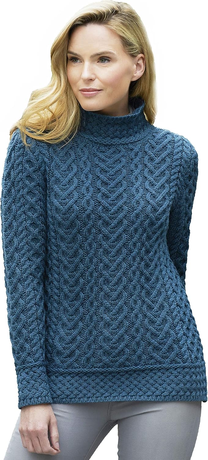 Aran Crafts Womens Cable Knit High Neck Sweater 100% Super Soft Merino Wool
