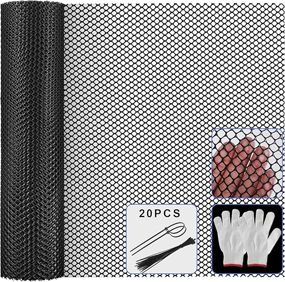 15.7IN x 11FT Black Chicken Wire mesh, with 20 Twist Ties and Gloves,Plastic Chicken Wire Fencing,Poultry Netting,Poultry Fence,Chicken Wire for Crafts,Plastic Garden Fencing,Floral Chicken Wire