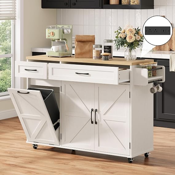 Halitaa Tilt Out Trash Can Cabinet with 2 Drawers, 56.5" Kitchen Island with Charging Station, Kitchen Rolling Island with Spice Rack, Towel Rack, Dog Proof Garbage Can, White