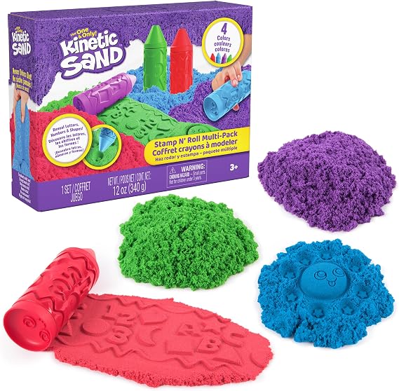 Kinetic Sand, Stamp N' Roll Crayon Multi-Pack with 12 oz Purple, Green, Blue & Red Play Sand, Toddler Toys, Arts and Crafts Kids Toys for Girls & Boys Ages 3 and up