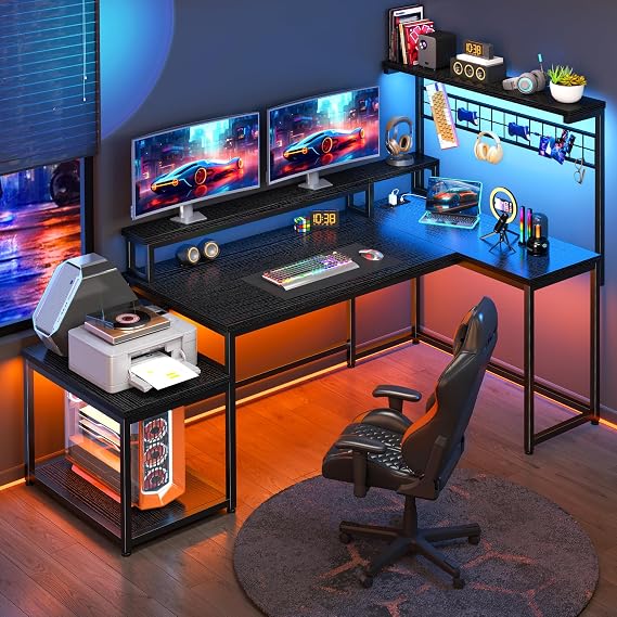 EnHomee 56" L Shaped Gaming Desk with Power Outlets, LED Gaming Table with Monitor Stand, Home Office Desk with Storage Shelf & Printer Stand, Corner Study Desk for Bedroom,Dorm Room,Black