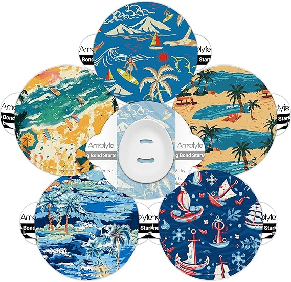 Dexcom G7 & Stelo Over Patches Waterproof, Amolyfe 10 Pack (Beach) | Bump-Proof Hardshell Cover Cap, Easy-Peel Tab Backing Dexcom G7 Overpatches, Medical Adhesive Patches, 15-Day CGM Protection