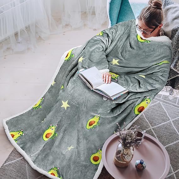 Tirrinia Sherpa Wearable Blanket With Sleeves, Full Body Throw Reading Wrap TV Blankets