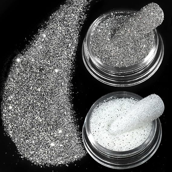 Allstarry Nail Glitter, 2 Colors Sparkling Silver Reflective Glitter