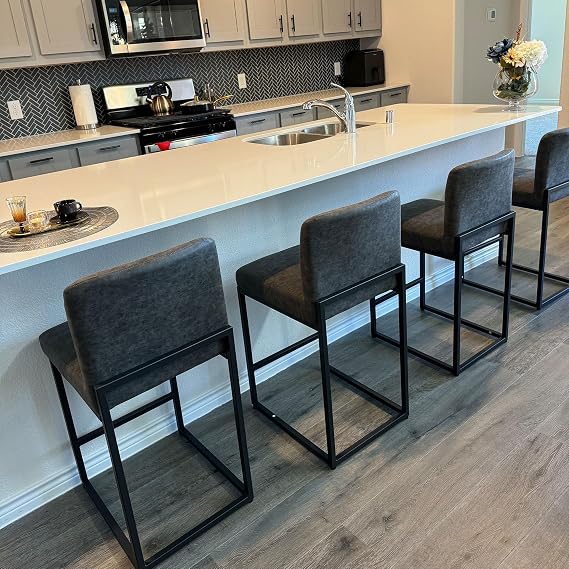 PHI VILLA Counter Height Bar Stools Set of 4, 24 Inch Barstools with Back | Modern Bar Chairs, 24 Inch Barstool for Kitchen Island, Faux Leather Countertop Stools, Grey