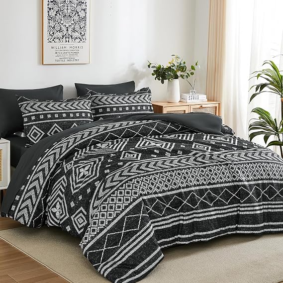 Yiran Black Comforter Set Full Size, Boho Aztec Comforter Bedding Set, 7 Piece Bohemian Summer Bed in a Bag, Soft Microfiber Striped Complete Bedding Set with Sheets for All Season