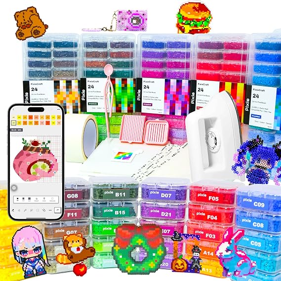 PixieCraft 120,000 2.6mm Fuse Beads Kit, 120 Colors PixieBeads 131 pcs with Storage, Pegboards, Iron, Tweezers, Trays, Bead Pen, Mats, Pixel Art Craft Kits for Adults, Teens (All in One)