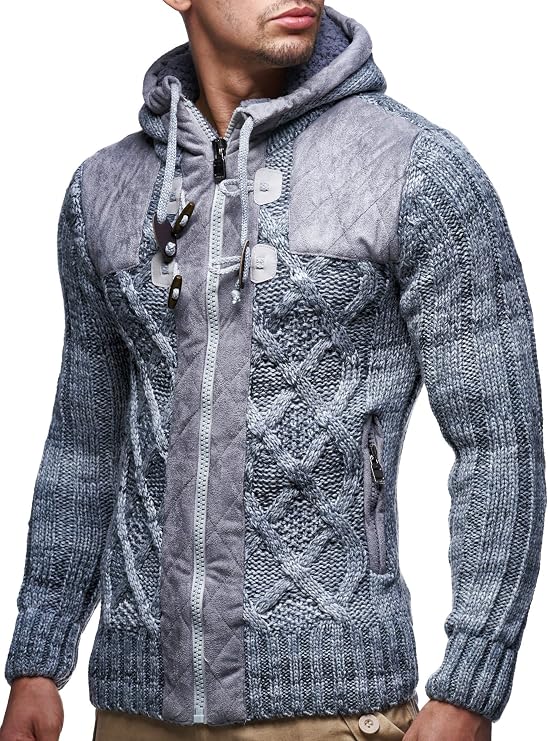 Leif Nelson LN20525 Men's Knit Zip-up Jacket With Geometric Patterns and Leather Accents