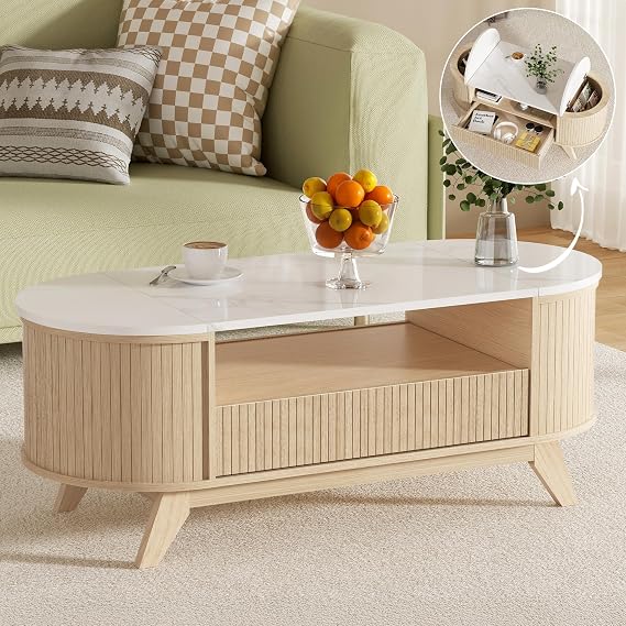 Fluted Oval Coffee Table with Storage, Mid Century Modern Center Table for Living Room, Coffee Table with Hidden Storage Space, Open Shelf & Drawer, Natural Wood