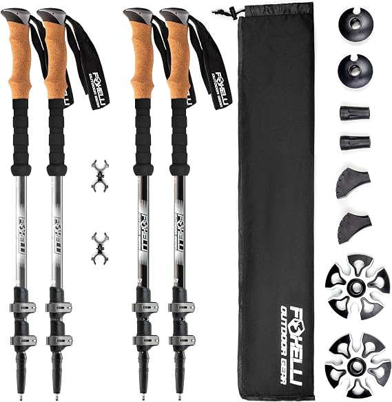 Foxelli Hiking Poles Bundle (2 Pairs) Grey & Black Collapsible Lightweight Aircraft-Grade Aluminum Trekking Poles with Accessories