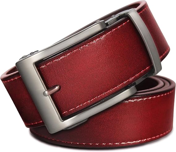 Classic Men's Leather Ratchet Click Belt - Gun Metal Buckle with Mahogany Brown Leather Belt (Trim to Fit: Up to 43'' Waist)