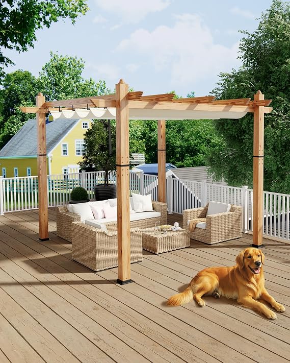 KYBOLT 10x10 Ft Outdoor Pergola with Retractable Canopy Aluminum Imitation Wood Grain Metal Patio Pergola for Backyard Deck Porch Grape Trellis(Beige)
