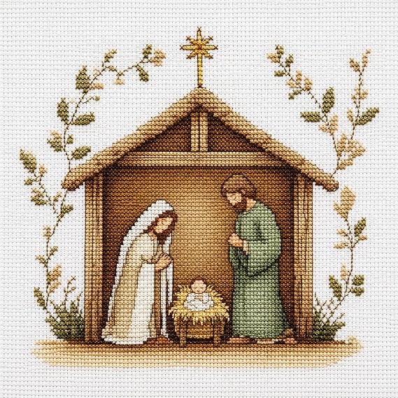 Zhenqing Nativity Scene Cross Stitch Kit for Beginners, 11CT Printed White Cotton Fabric 36x36cm, Full Embroidery with Threads & Instructions(70733)