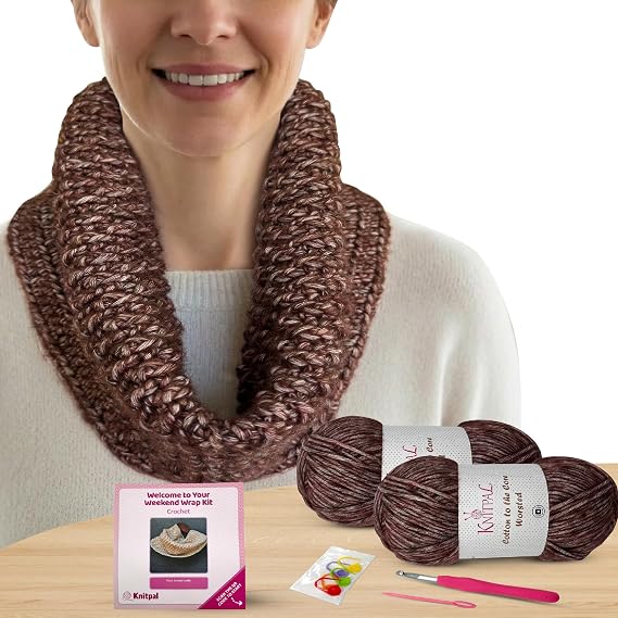 KnitPal Crochet Weekend Wrap Kit for Confident Beginners All-in-One Crochet Kit with Cotton Blend Yarn, Hook, Pattern & Video Tutorials (Caramel Brown)