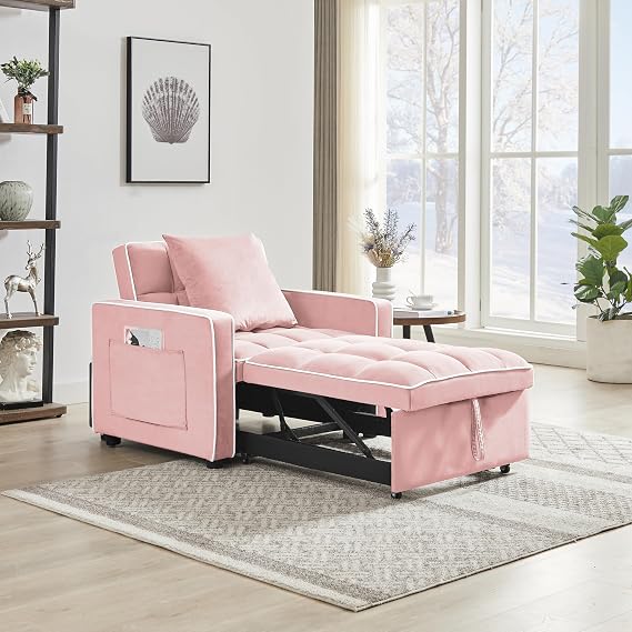 35 Inch Convertible Chair Bed,3-in-1 Adjustable Sleeper Chair Pullout Sofa Bed, Velvet Sleeper Chair with Storage Pocket for Small Spaces Apartment, Office (Pink)