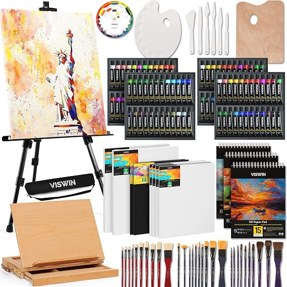 VISWIN Professional All-in-One Art Painting Kit with Aluminum & Beech Wood Easel, 96 Acrylic, Watercolor & Oil Paint Set, Canvas, Painting Set with Complete Art Supplies for Adult, Artist, Beginner