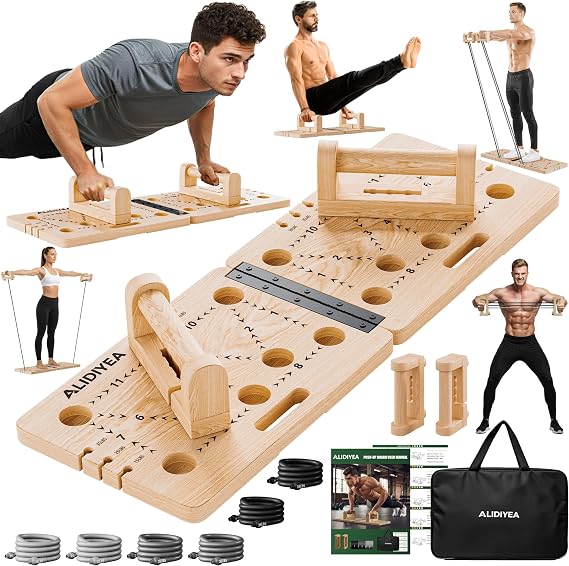 Wooden Push Up Board 30 in 1 Foldable with Resistance Bands - Thickened Pine Wood Multi-Push Up Board for Men & Women, Portable Gym/Home Workout Gear for Chest, Shoulders, Arms & Back