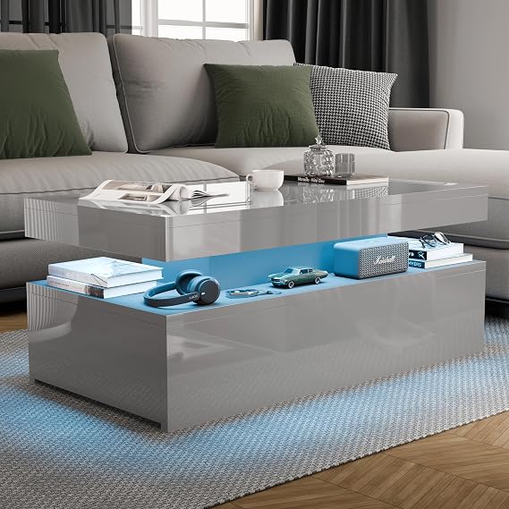 Blisswood High Gloss Coffee Table for Living Room, Rectangle Centre Table with 2 Drawer Storage, Modern Wooden Tea Table with LED RGB Lights for Home, Office & Living Room Furniture - Grey