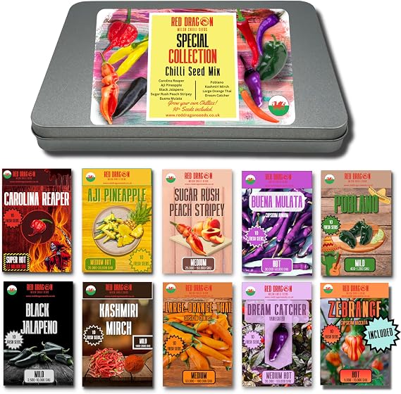 Chilli Seed Kit Special Collection - Grow Your Own Chilli Peppers, Includes Worlds Hottest Carolina Reaper, 10 Incredible Chilli Pepper Seeds Varieties, Seed Gift Set Gardening Gifts for Women &amp; Men