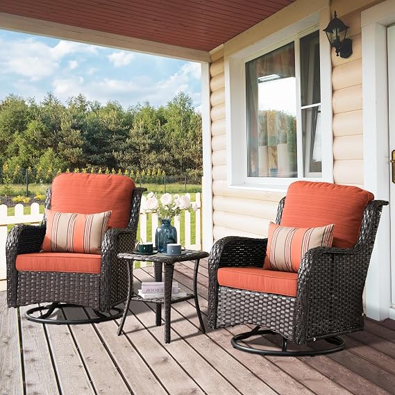 Patio Swivel Rocking Chair Set of 2 with Coffee Table, Outdoor Wicker Rocker Chairs with Weather Resistant Rattan, Comfy Deep Seat Glider Chair for Porch Balcony(Coffe Rattan, Orange)