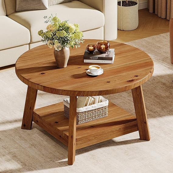 Solid Wood Round Coffee Table for Living Room, 31.5 Farmhouse Wooden 2-Tier Circle Center Cocktail Accent Table with Storage Shelf and Tapered Legs for Apartment, Small Space, Brown