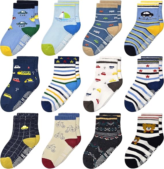 Tphon Non Slip Kids Toddler Socks with Grippers Baby 12 Pairs Anti Skid Socks for Boys Girls 0-7 Year Children