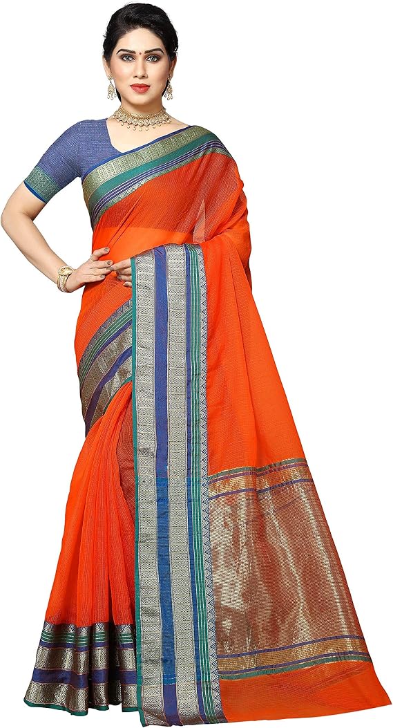Sidhidata Women's Temple Border Kota Doria Cotton Manipuri Saree With Unstiched Blouse Piece