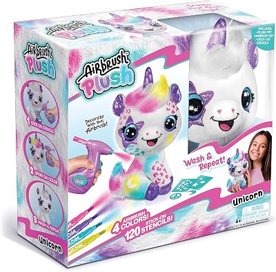 Canal Toys Personalize Airbrush Plush Large Purple Unicorn! Decorate, wash, Repeat! Customize Your own Spray Art Plush with Markers, Battery Powered Airbrush and 100 Stencils. Ages 6