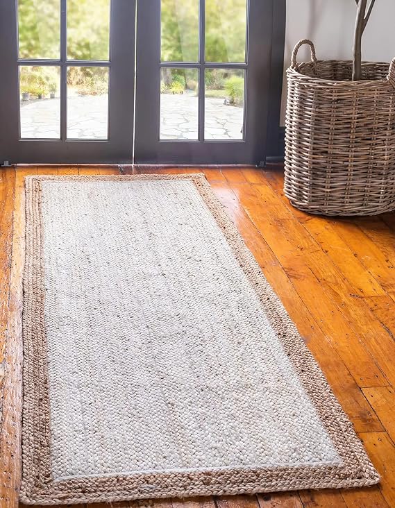 Rug White Beige Border Jute Hand Braided Rectangle Shape Home Living Room Living Room Farmhouse Carpet Rag Rug (300 x 360 Cm (10x12 Feet))