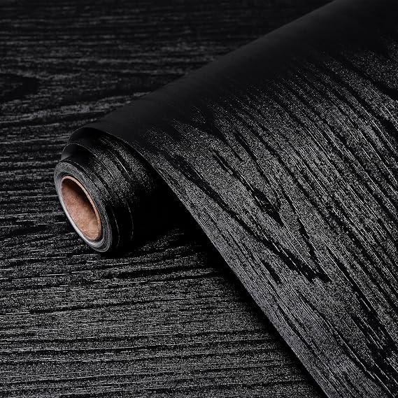 Black Wood Contact Paper Peel and Stick Wallpaper 15.7"x 196.8" Vinyl Wood Grain Wall Paper Thicken Textured Self Adhesive Removable for Furniture Wall CounterTop Peel and Stick Waterproof