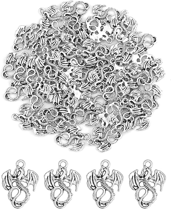 JIALEEY 50PCS Dragon Charm Flying Courage Pendant for DIY Jewelry Making Necklace Bracelet Accessaries, Antique Silver 21x16mm