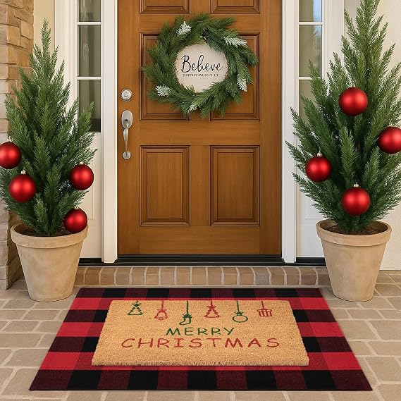 Christmas Door Mat Combo Set - 100% Coco Coir Welcome Mat + 28 x 43 Inch Red and Black Plaid Rug, Holiday New Year Christmas Collection Decorative Doormat for Front Porch Entryway Decor