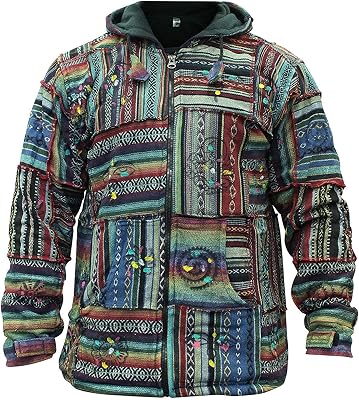 Shopoholic Fashion Mens Boho Patchwork Hoodie | Handmade Fleece-Lined Jacket from Nepal