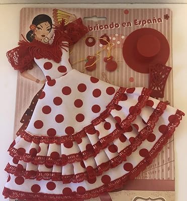 Gypsy Flamenco Dress Set with Accessories for Barbie. Spain Andalusian Barbie Outfit Set. White Dot Red. New. Made in Spain.
